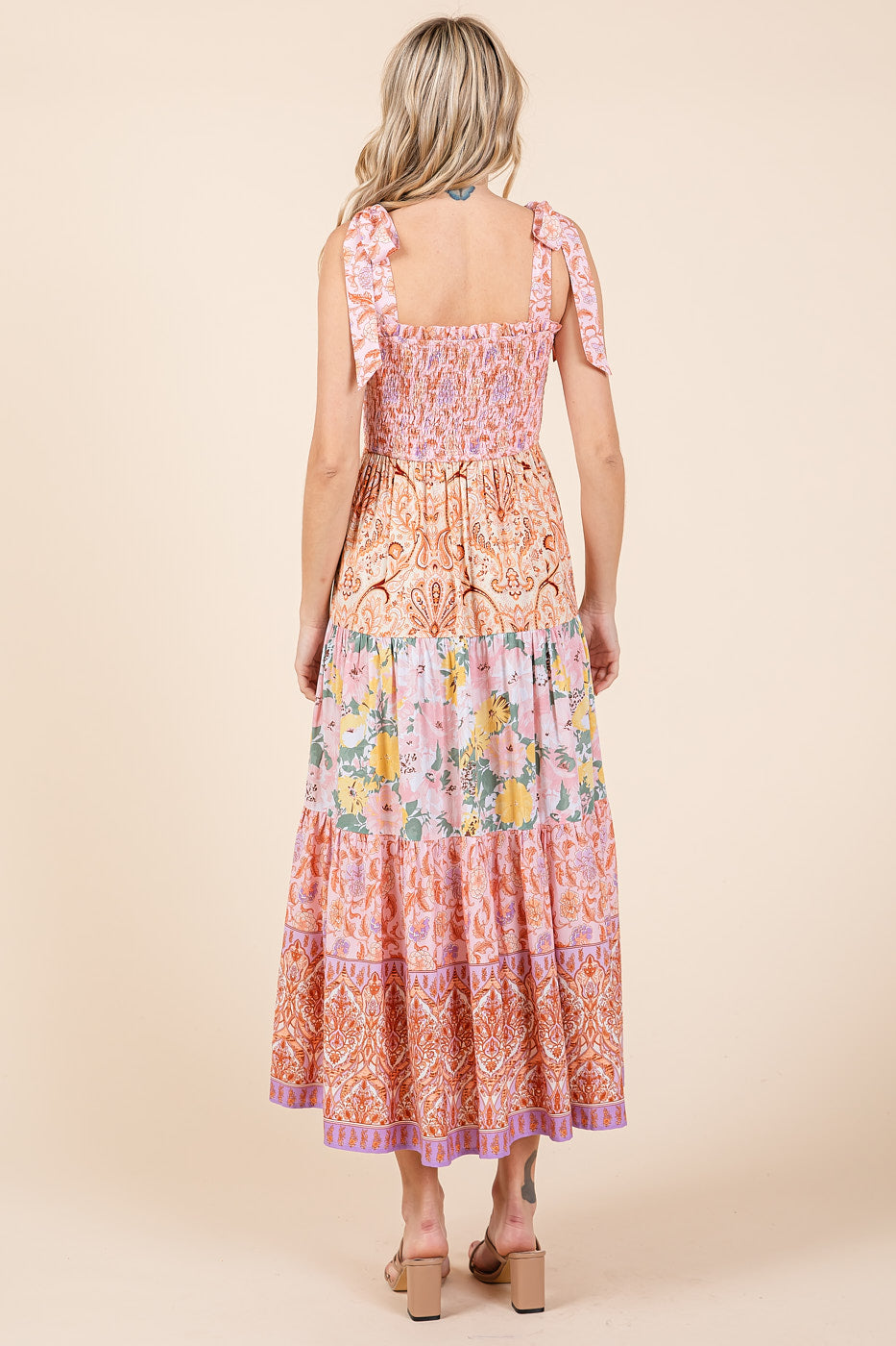 Mittoshop Tube Patchwork Border Print Midi Dress - Pink Combo