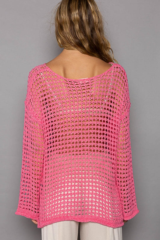 POL Crochet Long Sleeve Open Knit Coverup Top - 6 Colors