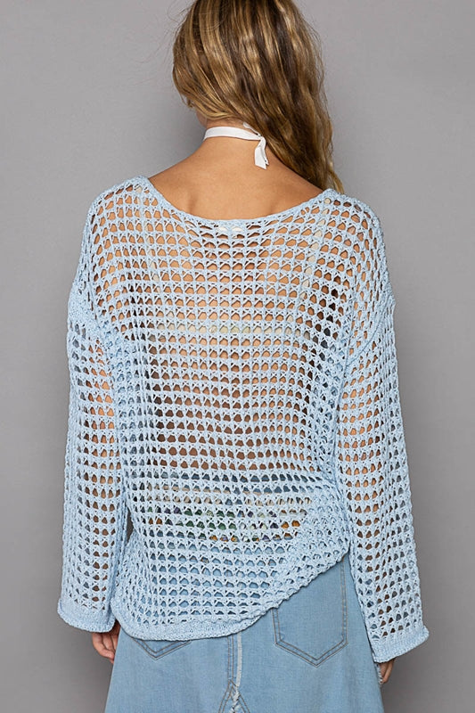 POL Crochet Long Sleeve Open Knit Coverup Top - 6 Colors