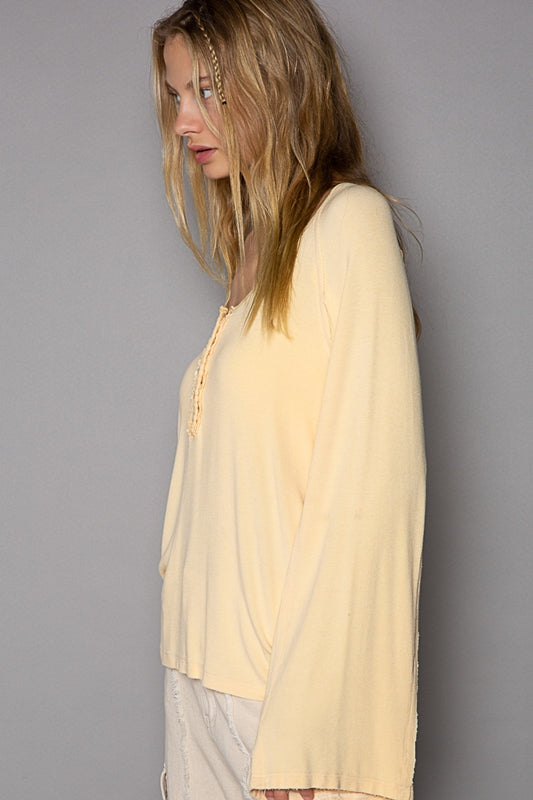 POL Boho Flare Long Sleeve Ribbed Top - Pale Yellow