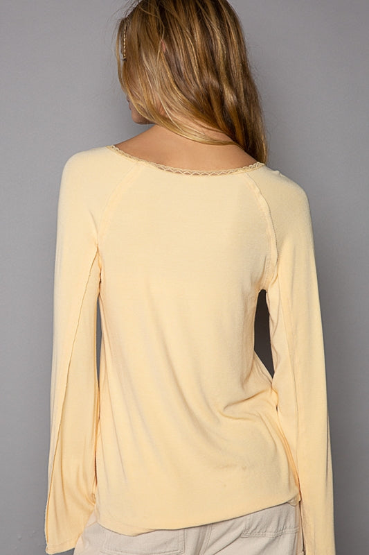 POL Boho Flare Long Sleeve Ribbed Top - Pale Yellow
