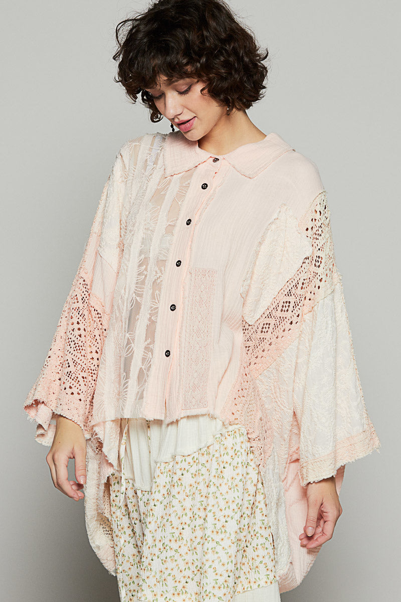 POL Oversize Boxy Mixed Fabric Shirt - Peach