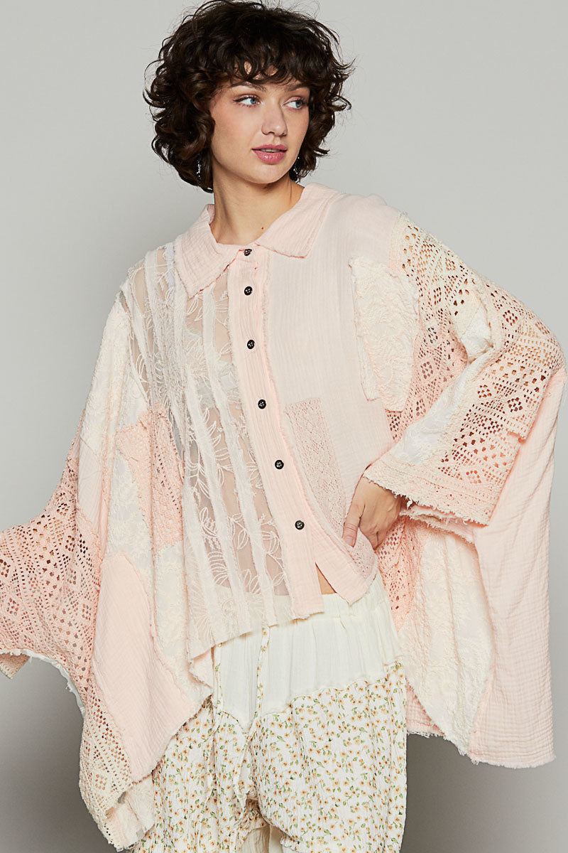 POL Oversize Boxy Mixed Fabric Shirt - Peach