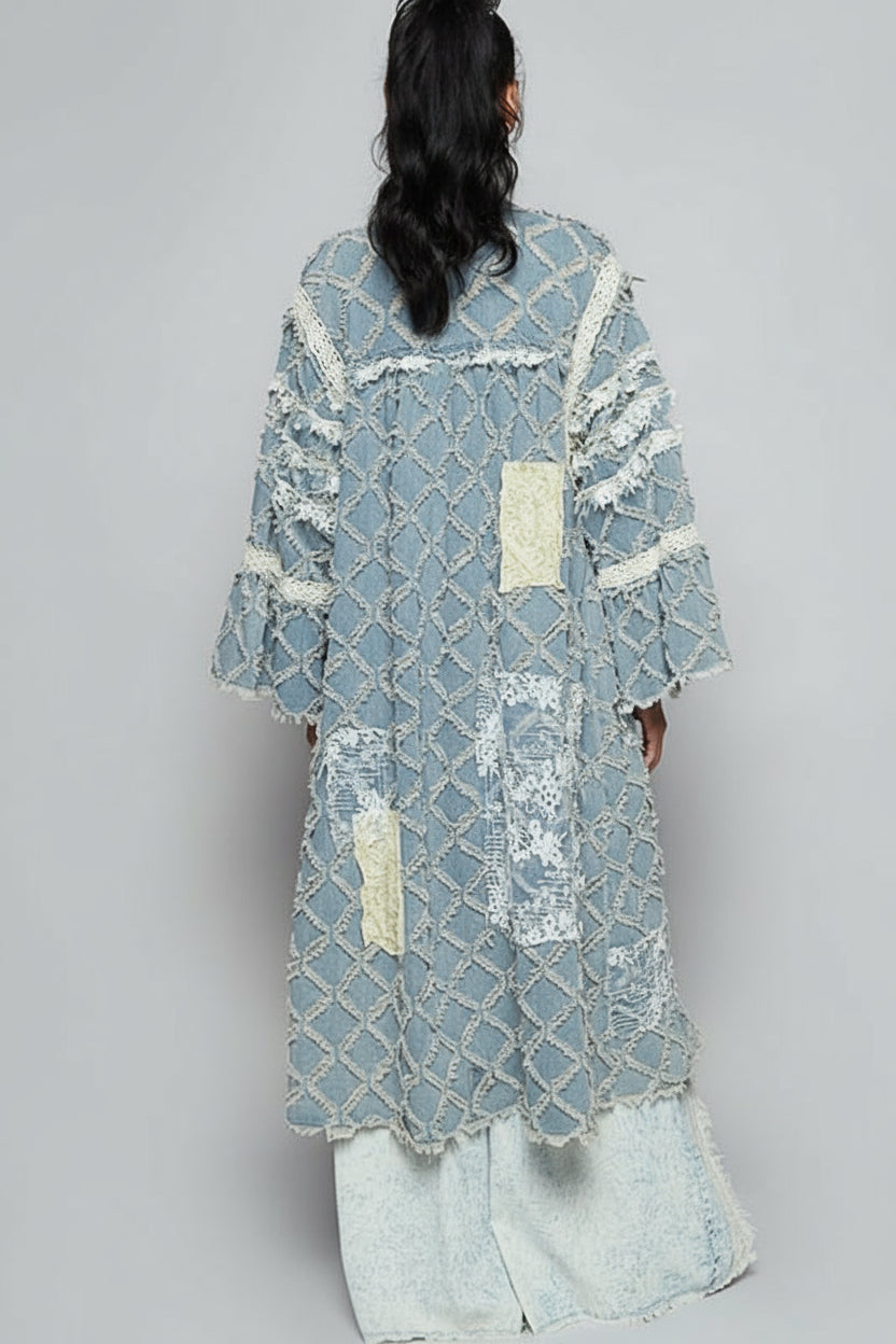 POL Textured Denim Patchwork Duster Cardigan