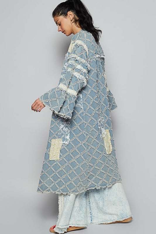 POL Textured Denim Patchwork Duster Cardigan