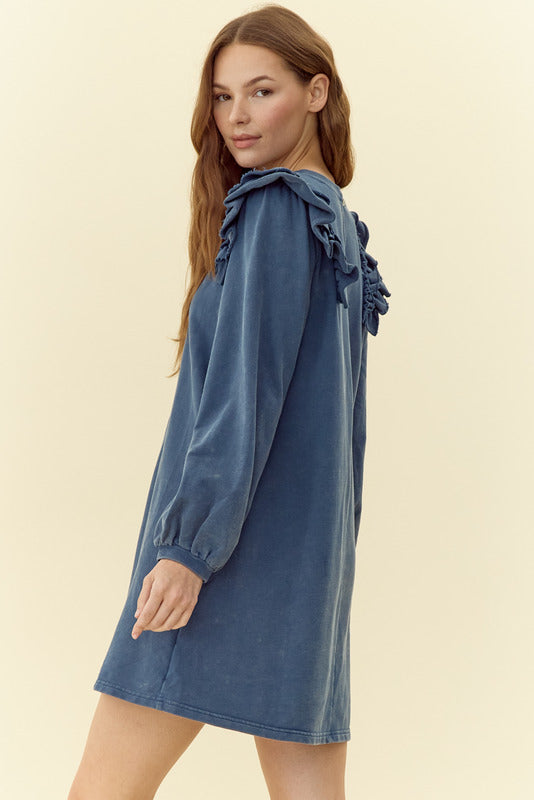 Jodifl Mineral Wash Layer Ruffle Shoulder Dress - Teal