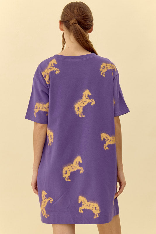 Jodifl Horse Print T Shirt French Terry Dress - Purple
