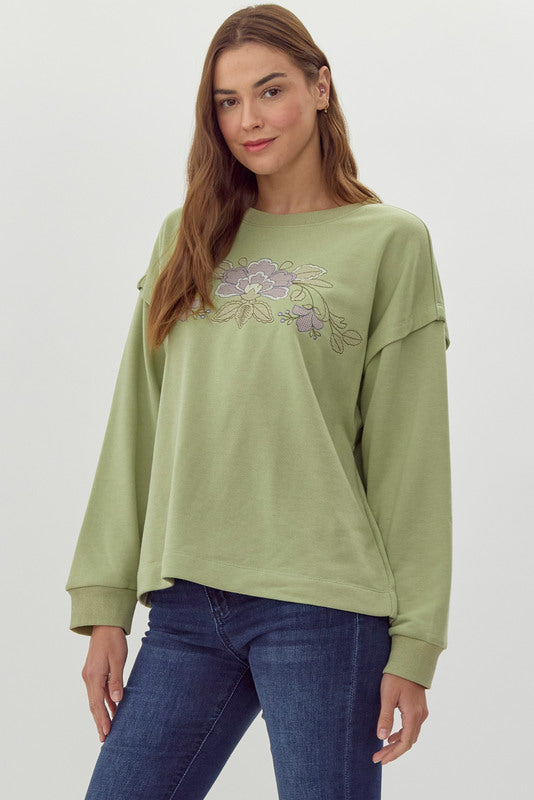 Jodfil Flower Embroidered Sweatshirt - Avocado Green