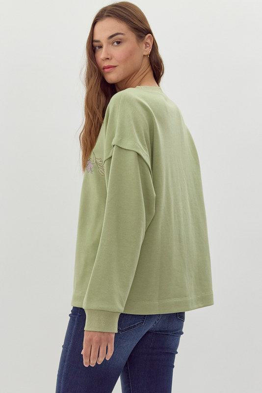 Jodfil Flower Embroidered Sweatshirt - Avocado Green