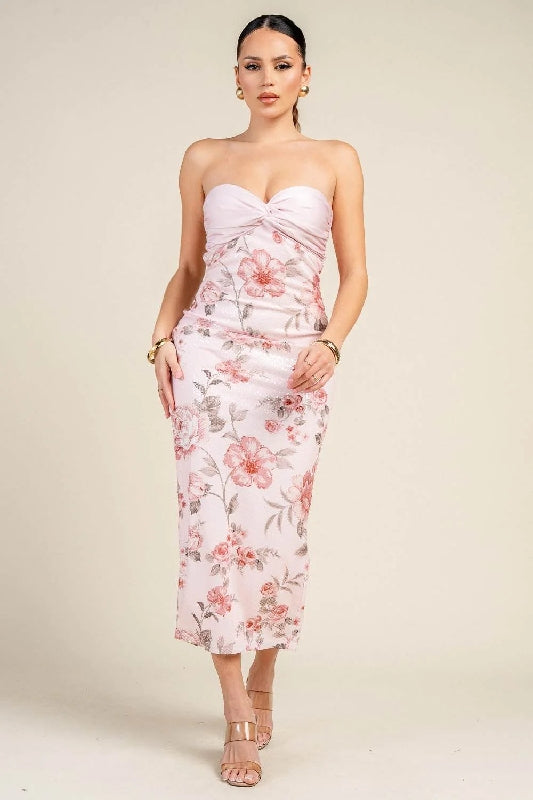 Clear Sequin Satin Twist Bust Floral Midi Dress - Baby Pink