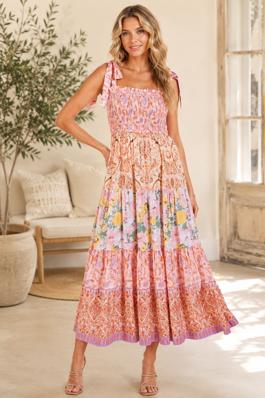 Mittoshop Smocked Patchwork Floral Boho Midi Dress
