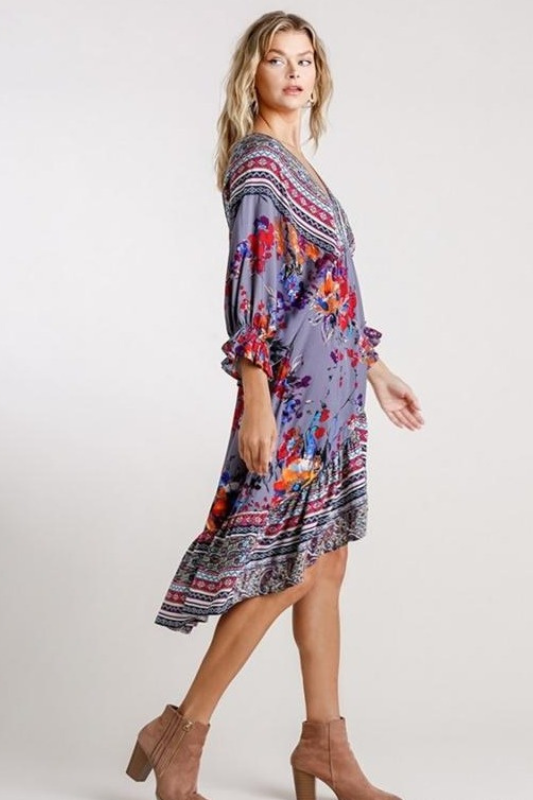 Umgee Mixed Print Hi Lo Midi Dress - Grey Combo