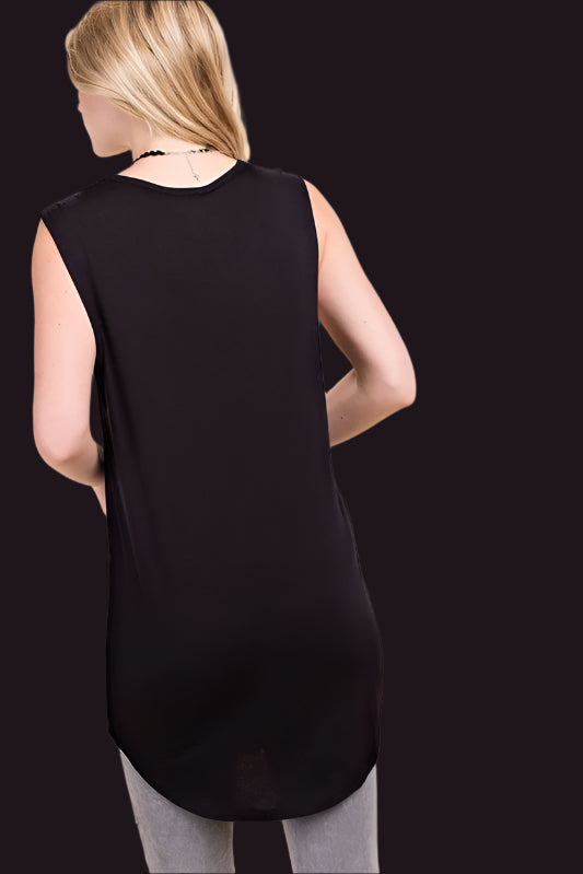 Vocal Rhinestone Studs Heart Tank Long Tunic - Black