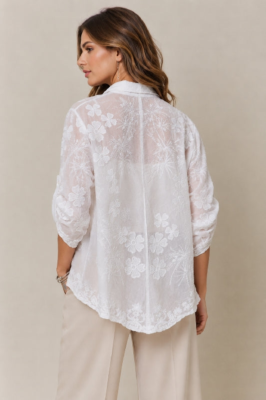 Adora White Floral Embroidered Cotton Button-Up Shirt