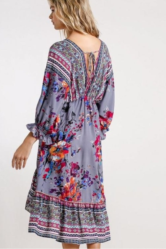 Umgee Mixed Print Hi Lo Midi Dress - Grey Combo