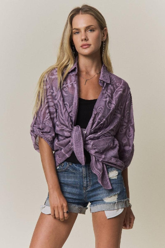 Adora Lavender Cotton Embroidered Button-Up Shirt