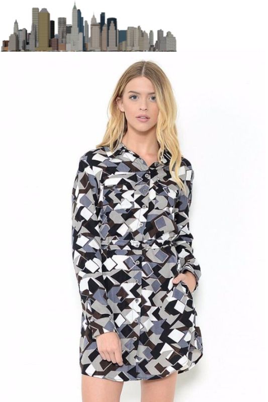Esley Retro Geometric Print Shirt Dress