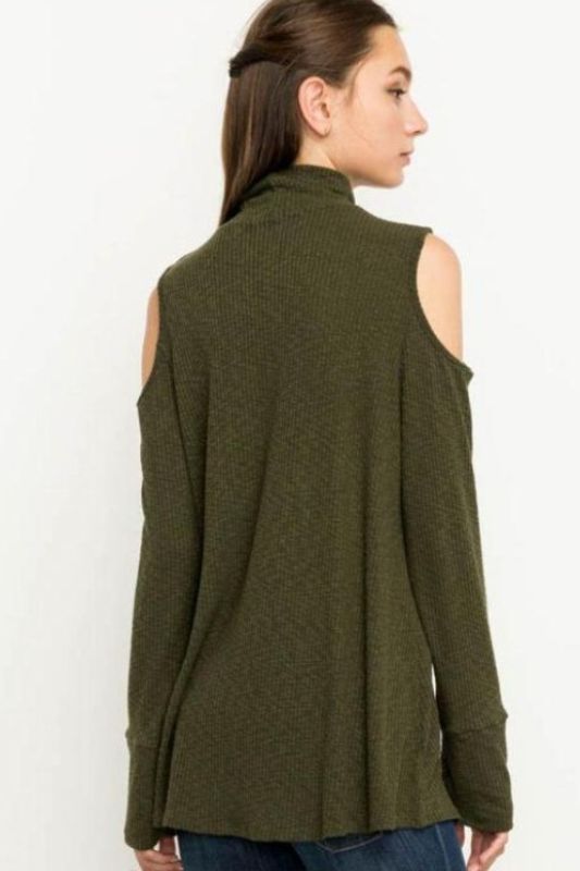 Mittoshop Mock Turtleneck Cold Shoulder Top - Olive or Taupe