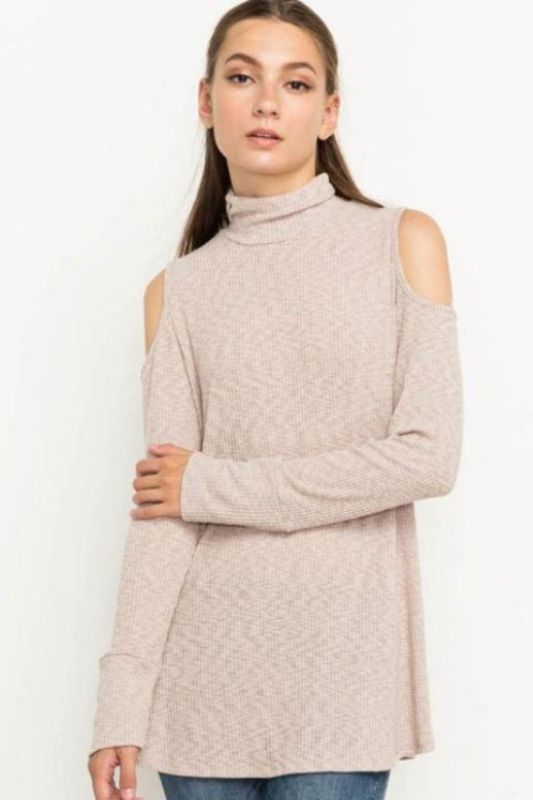 Mittoshop Mock Turtleneck Cold Shoulder Top - Olive or Taupe
