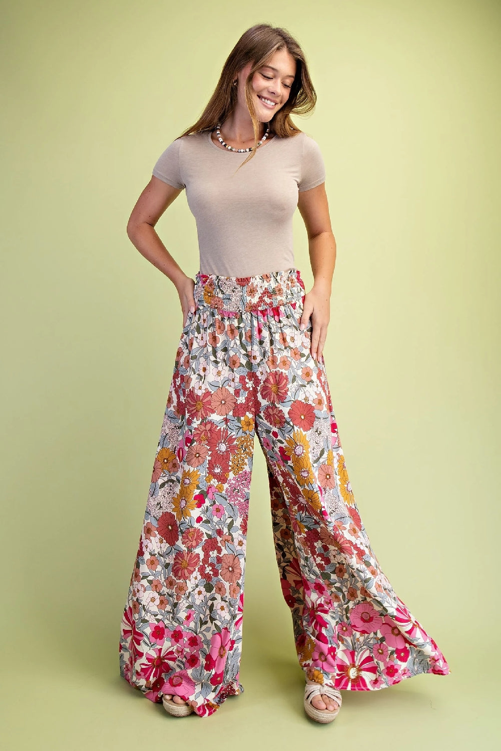 Gigio Flare Wide Leg Floral Pants - Rose Pink