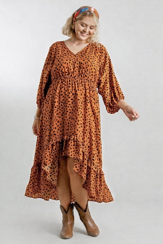 Umgee Dalmation Print Hi Lo Midi Plus Size Dress - Camel