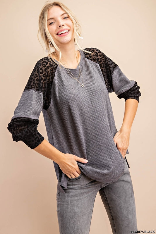 Kori Thermal Mesh Animal Fuzz Print Top - Heather Gray Black