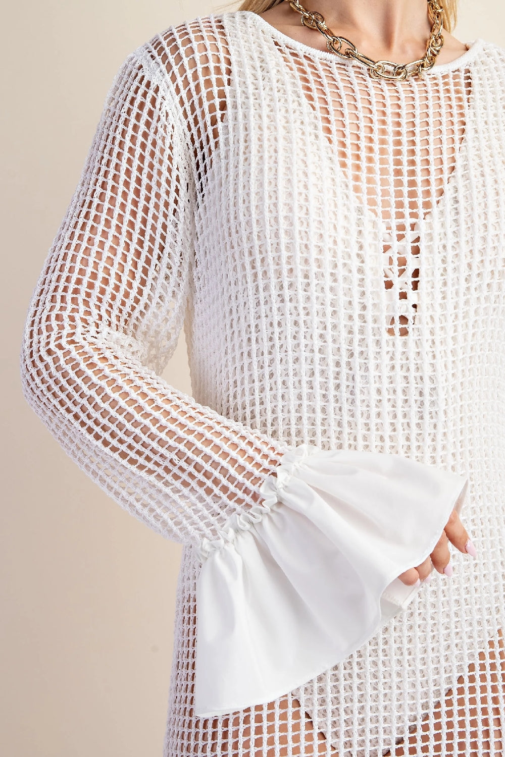Fishnet Summer Dress with Ruffled Cuff - White