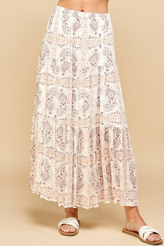 Les Amis Paisley Print Tiered Layered Maxi Skirt - Taupe