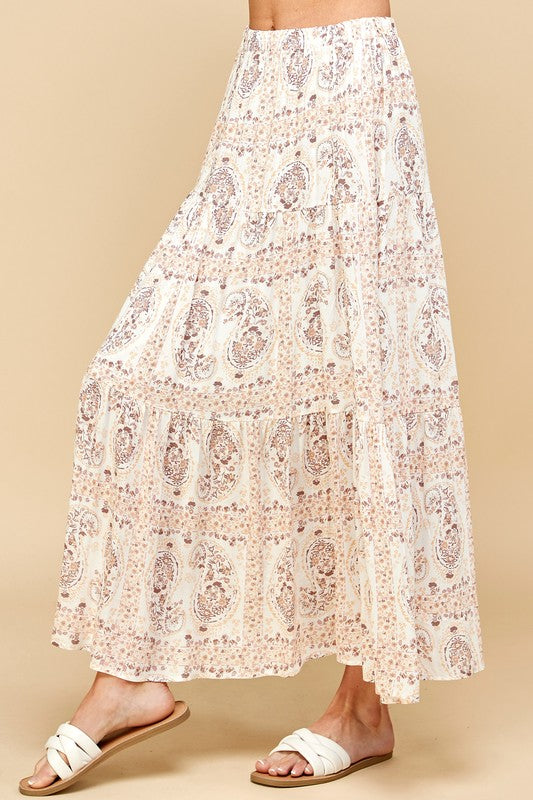 Paisley Print Tiered Layered Maxi Skirt - Taupe
