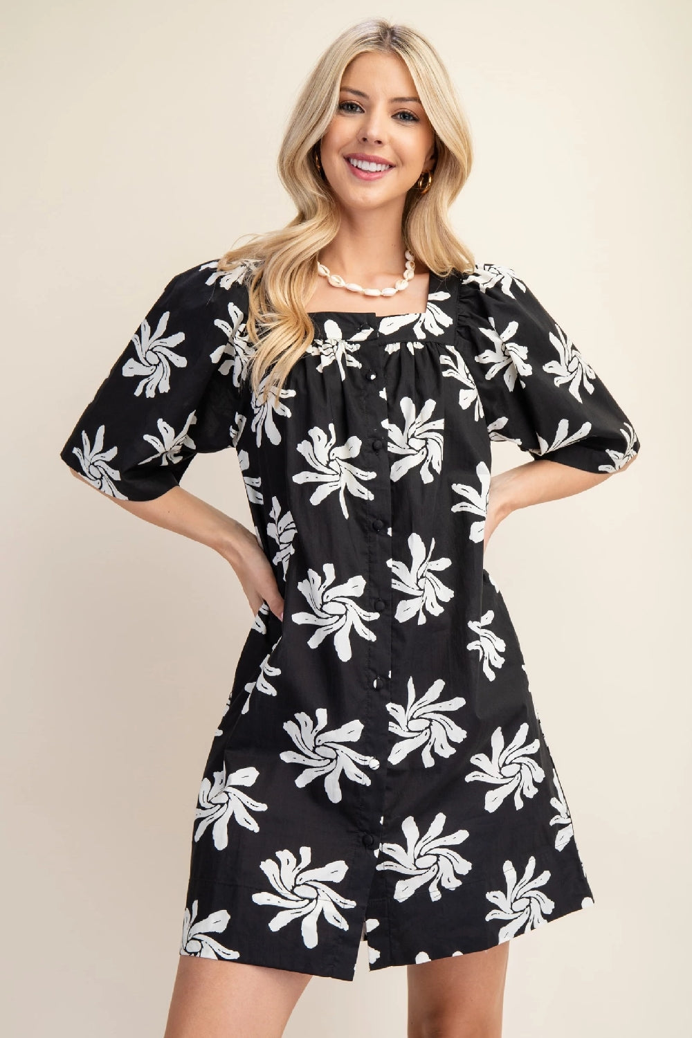 Cotton Floral Print Button Up Dress - Black Cream