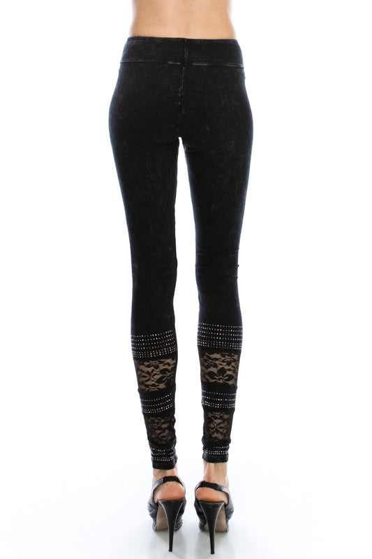 Vocal Cotton Wash Floral Lace and Stones Leggings - Black