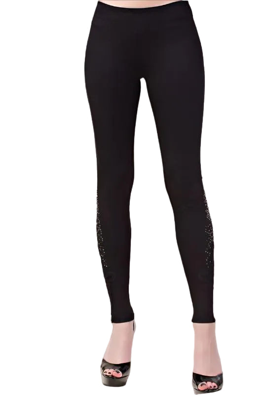 Vocal Floral Applique Rhinestone Leggings - Black