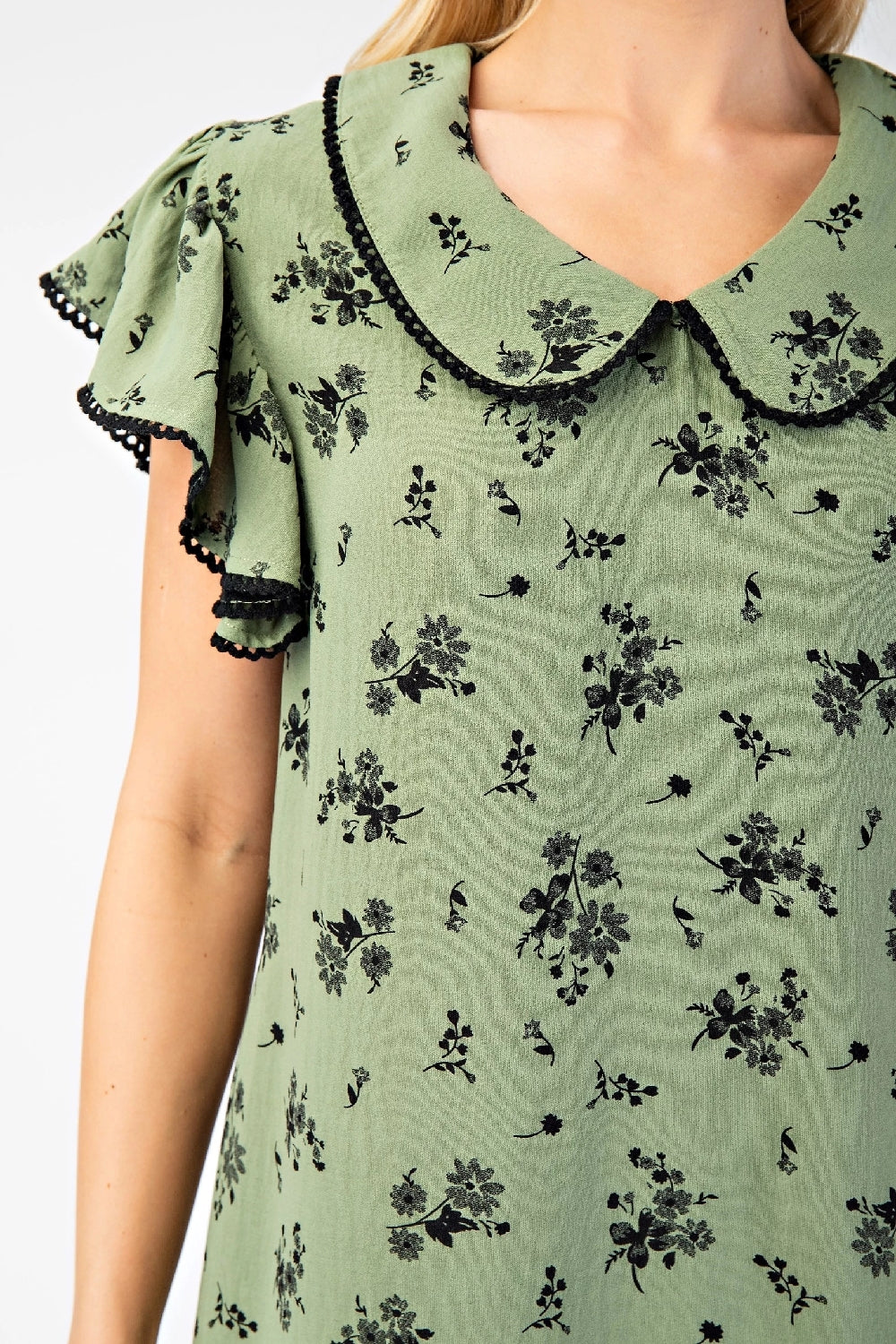 Vintage Floral Print Dress Flutter Sleeves Peter Pan Collar - Sage