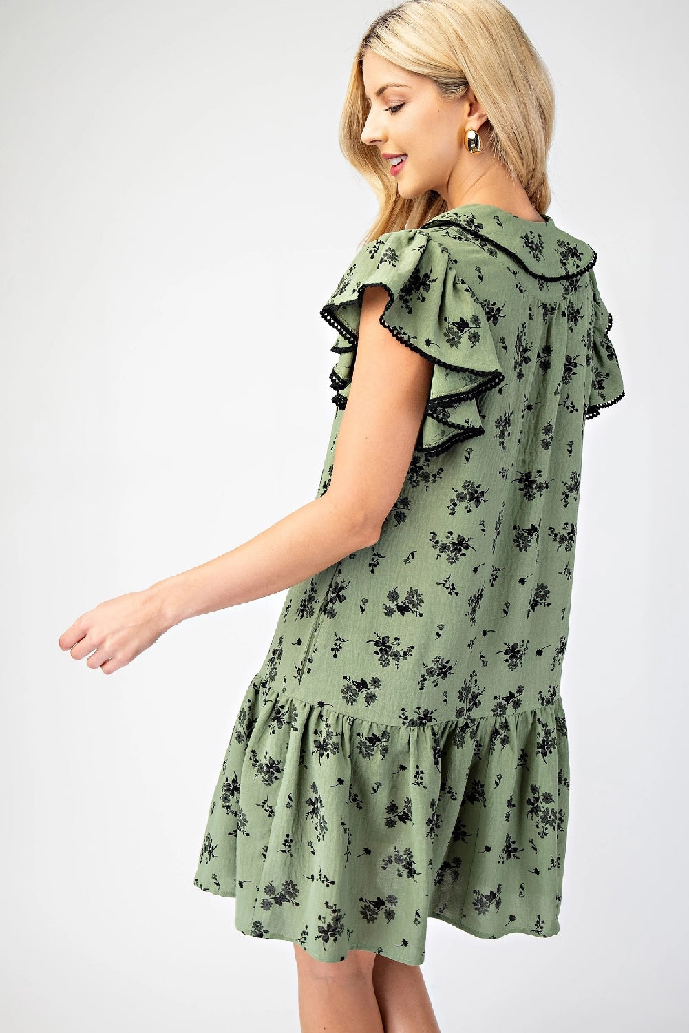 Vintage Floral Print Dress Flutter Sleeves Peter Pan Collar - Sage
