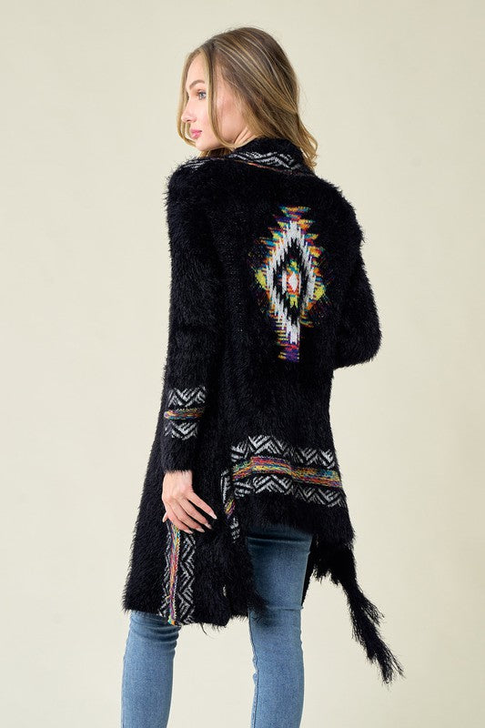 Aztec Rainbow Fuzzy Cardigan - Black