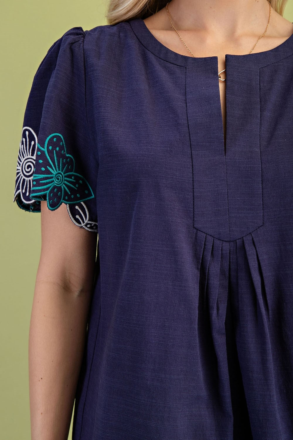 Gigio Notch Neck Embroidered Sleeves Blouse - Navy