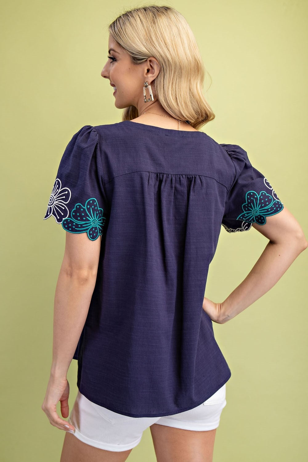 Gigio Notch Neck Embroidered Sleeves Blouse - Navy