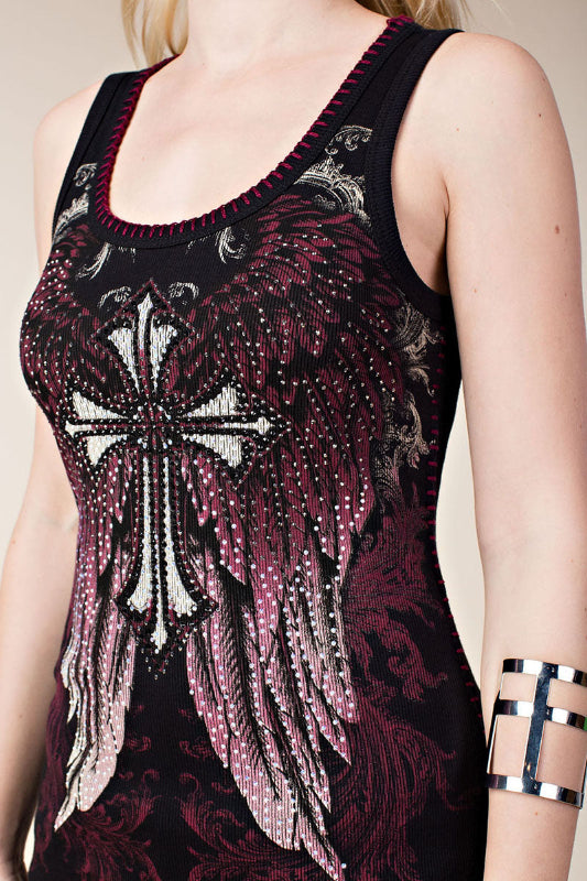 Vocal Rhinestones Whipstitch Angel Wings Tank Top - Black/Burgundy