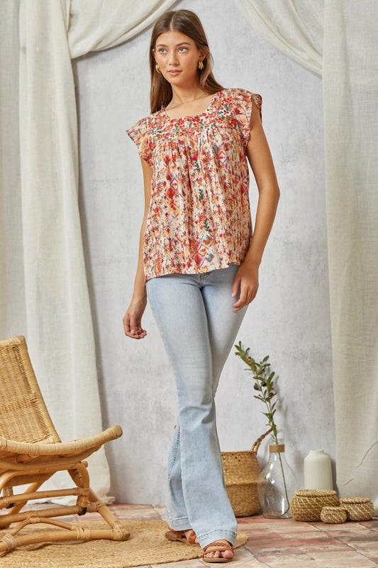 Savanna Jane Artistic Print and Embroidery Blouse - Multi