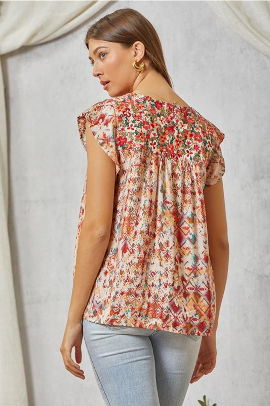Savanna Jane Artistic Print and Embroidery Blouse - Multi
