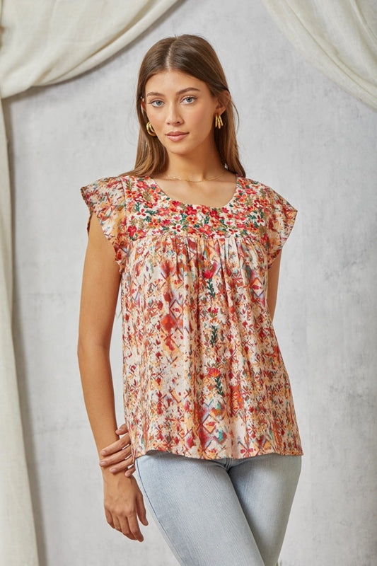 Savanna Jane Artistic Print and Embroidery Blouse - Multi
