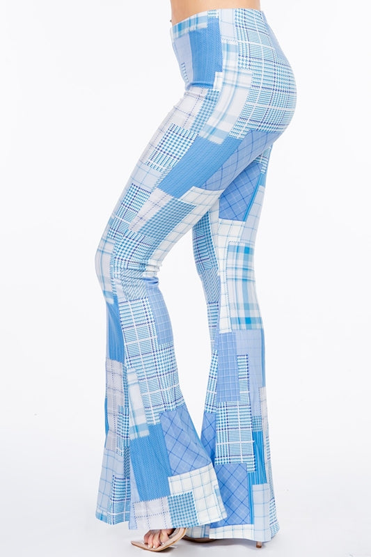 Bear Dance Houndstooth Patchwork Skinny Brushed Pants - Sky Blue