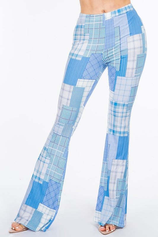 Bear Dance Houndstooth Patchwork Skinny Brushed Pants - Sky Blue