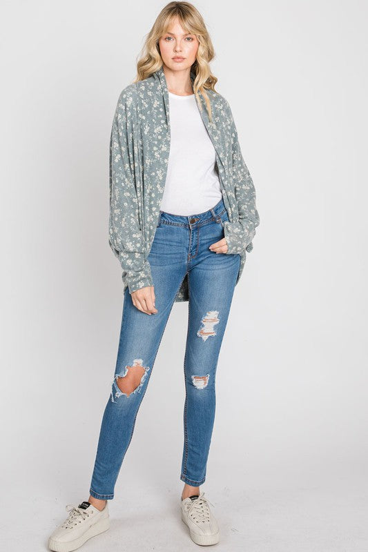 Gee Gee Floral Print Cocoon Cardigan - Dusty Blue