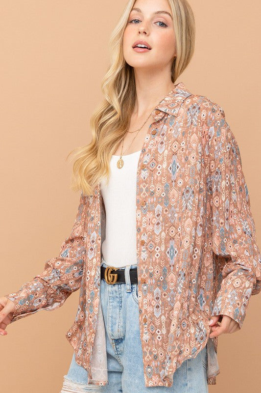 AND THE WHY Oversize Print Button Up Shirt - Light Brown