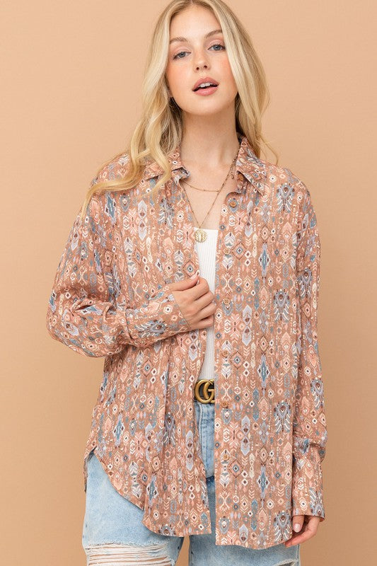 AND THE WHY Oversize Print Button Up Shirt - Light Brown