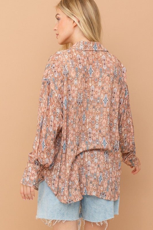 AND THE WHY Oversize Print Button Up Shirt - Light Brown