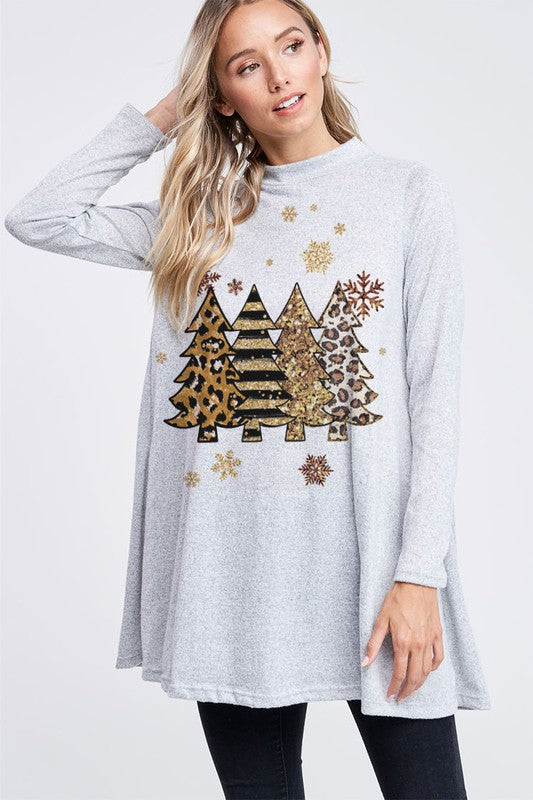 Leopard Graphic Trees Mock Neck Tunic Dress - Grey