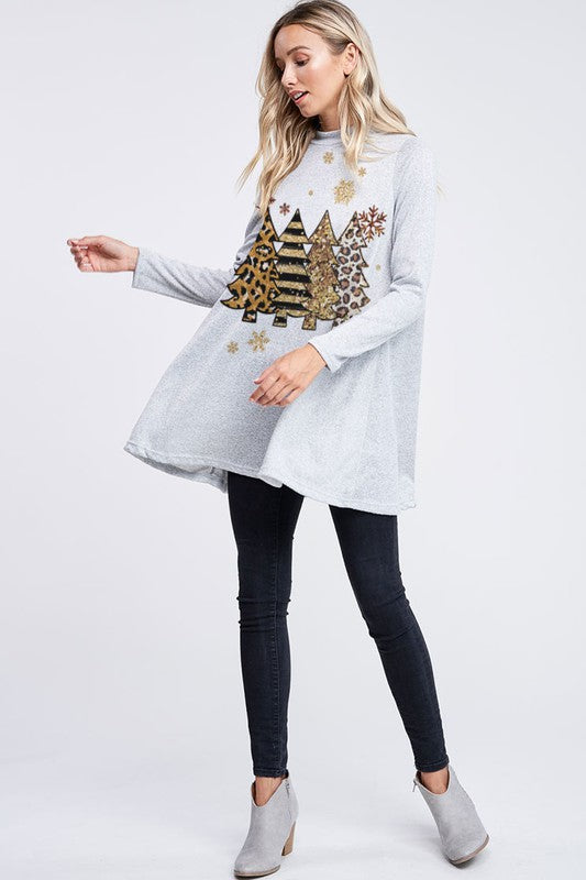 Leopard Graphic Trees Mock Neck Tunic Dress - Grey