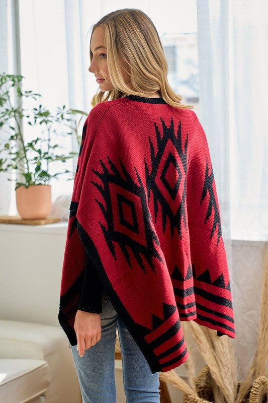 Shawl Wrap Poncho Ruana Aztec Pattern - Red Black